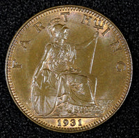 Great Britain George V Bronze 1931 Farthing UNC KM# 825 (27 984)