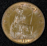 Great Britain George V Bronze 1931 Farthing UNC KM# 825 (27 984)