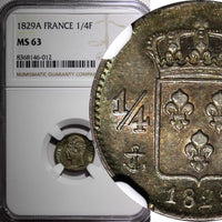 FRANCE Charles X Silver 1829 A  1/4 Franc NGC MS63 RAINBOW TONED KM# 722.1 (12)
