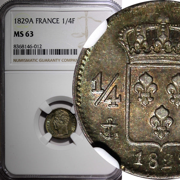FRANCE Charles X Silver 1829 A  1/4 Franc NGC MS63 RAINBOW TONED KM# 722.1 (12)