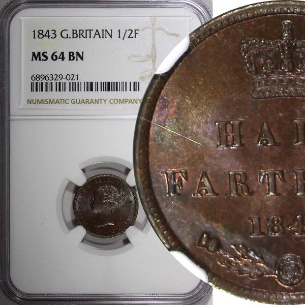 GREAT BRITAIN Victoria Copper 1843 1/2 Farthing NGC MS64 BN KM# 738 (021