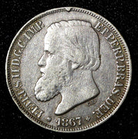 BRAZIL Pedro II Silver 1867  200 Reis 1st Year Type  KM# 471 (27 466)