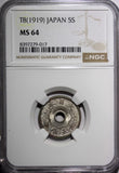 JAPAN Taisho (1912-1926) Copper-Nickel T8 (1919) 5 Sen NGC MS64  Y# 43  (017)