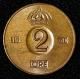 Sweden Gustaf VI Adolf Bronze 1960 TS 2 Ore GEM BU  KM# 821 (30 198)