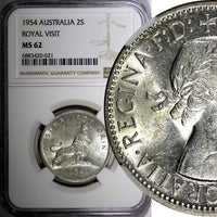 Australia Silver 1954 Florin NGC MS62 Royal Visit of Elizabeth II KM# 55 (021)