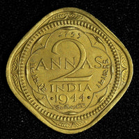 India-British George VI 1944 2 Annas WWII Issue KM# 541a (27 608)