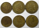 PERU BRASS LOT OF 3 COINS 1943-1965 5 Centavos KM# 213.2a1 ; KM# 223 (24 862)