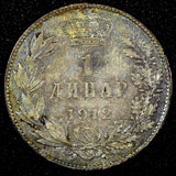 SERBIA Peter I Silver 1912 1 Dinar  Uneven Toned KM# 25.1 (24 363)