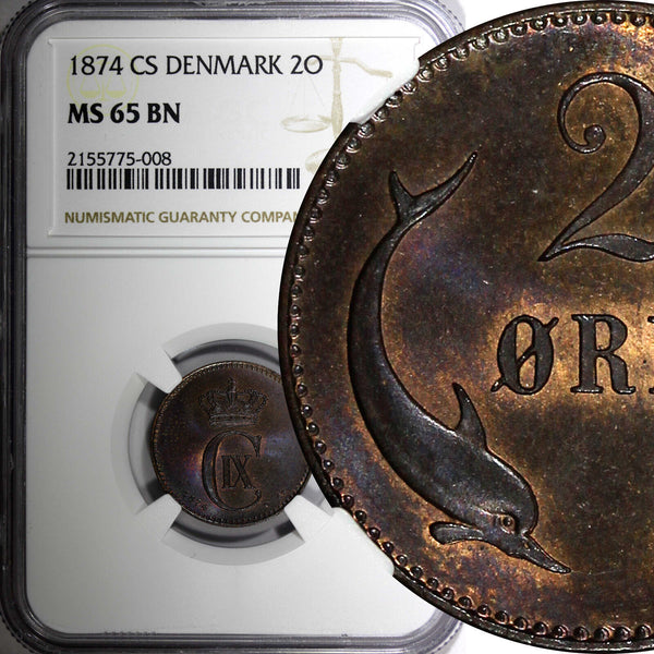 DENMARK Christian IX 1874 CS 2 Ore NGC MS65 BN 1st Year For Type KM# 793.1 (08)