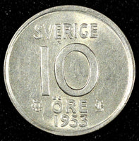 SWEDEN SILVER Gustaf VI 1953 10 ORE High Grade KM#823 (28 161)
