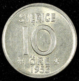 SWEDEN SILVER Gustaf VI 1953 10 ORE High Grade KM#823 (28 161)