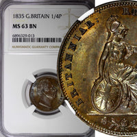 GREAT BRITAIN William IV Copper 1835 Farthing NGC MS63 BN NICE TONED KM# 705 (3)