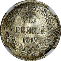 Finland  Silver 1917 S 25 Pennia Civil War Coinage NGC MS66 GEM BU  KM#19 (20)