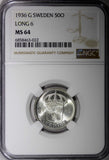 SWEDEN Gustaf V SILVER 1936 G 50 Ore Long "6" NGC MS64 1 GRADED HIGH  KM#788(2)