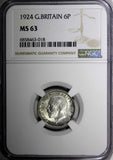 GREAT BRITAIN George V Silver 1924 6 Pence NGC MS63 LIGHT TONING KM# 815a.1 (18)