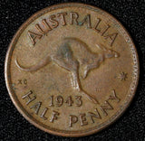 Australia George VI Bronze 1943 1/2 Penny Kangaroo KM# 41 (28 845)