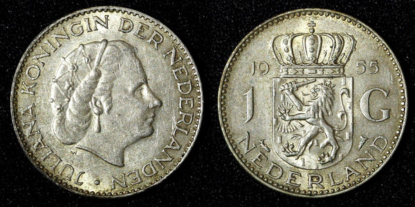 Netherlands Juliana Silver  1955 1 Gulden 25 mm Royal Dutch KM# 184  (27 951)