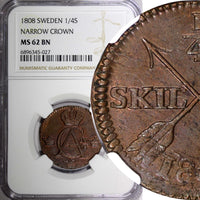 SWEDEN Copper King Gustav IV Adolf 1808 1/4 Skilling NGC MS62 TOP GRADED KM# 564