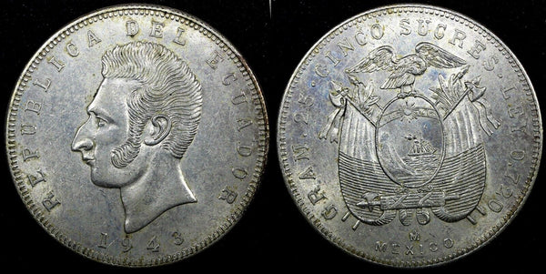 Ecuador Silver 1944 Mo 5 Sucres Mexico Mint 37.8 mm; 25g. WWII KM# 79 (26 641)