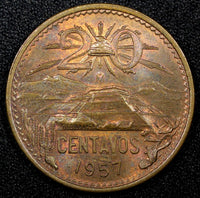 MEXICO  Bronze 1957 Mo 20 Centavos  RED GEM BU  KM# 440 (26 621)