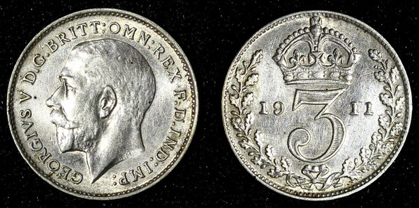 Great Britain George V Silver 1911 3 Pence 1st Year for Type UNC KM# 813 (126)