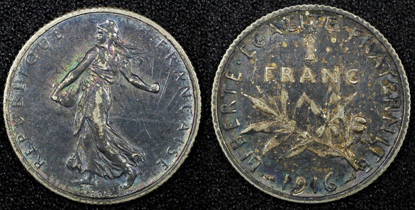 FRANCE  Silver  1916 1 Franc WWI Issue Deep Toning KM# 844.1  (25 532)