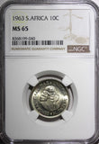 South Africa Silver 1963 10 Cents Jan van Riebeeck NGC MS65 GEM BU KM# 60 (040)