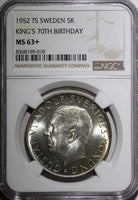 SWEDEN Silver 1952 ST 5 Kronor NGC MS63+  70th Birthday Gustaf VI KM# 828(10)