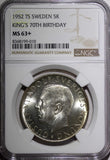 SWEDEN Silver 1952 ST 5 Kronor NGC MS63+  70th Birthday Gustaf VI KM# 828(10)