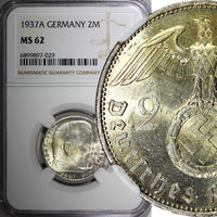 Germany-Third Reich Silver 1937 A 2 Reichs Mark NGC MS62 Hindenburg KM# 93 (029)