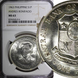 Philippines Silver 1963 Peso Andrés Bonifacio 38mm NGC MS63 KM# 193 (014)