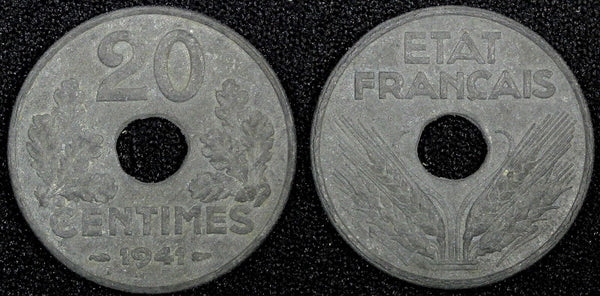 FRANCE  Vichy French State Zinc 1941 20 Centimes WWII Issue 24.5mm KM# 900.1 (1)