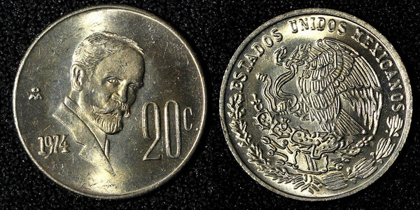 Mexico Copper-Nickel 1974 Mo  20 Centavos 1st Year Type UNC KM# 442 (27 994)
