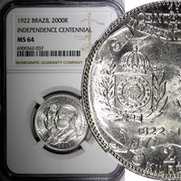 BRAZIL Silver 1922 2000 Reis Independence Centennial 1 YEAR TYPE NGC MS64 KM#523