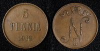Finland Nicholas II Copper  1912 5 Pennia KM# 15 (27 679)