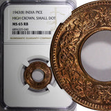 India-British Bronze 1943 (B) 1 Pice High crown, small dot NGC MS65 RB KM#533(0)