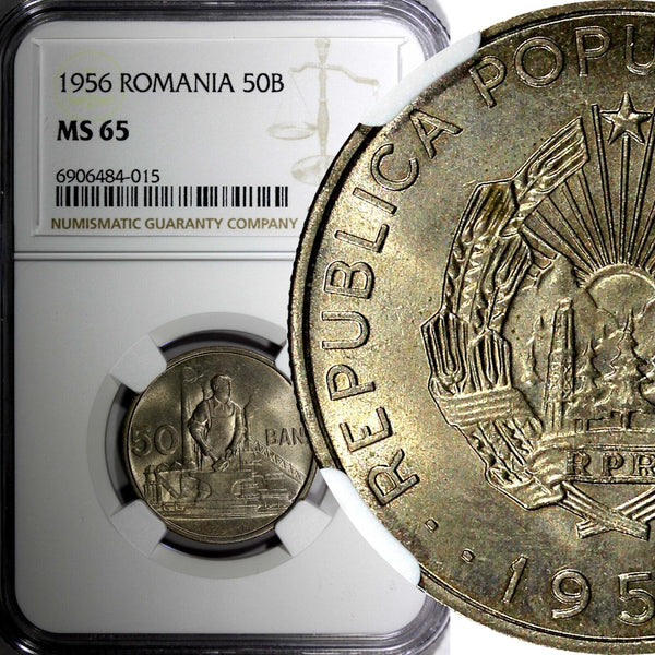 Romania 1956 50 Bani 25 mm 2 Years Type BU COIN NGC MS65 KM# 86 (015)