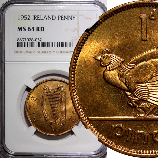 Ireland Republic Bronze 1952 Penny NGC MS64 RD NICE BU RED KM#11 (032)