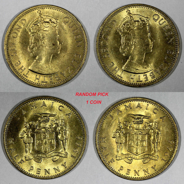 Jamaica Elizabeth II Nickel-Brass 1966 1/2 Penny UNC KM# 38 RANDOM PICK (1 Coin)