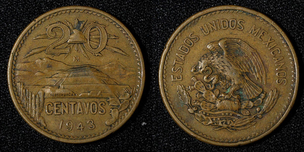 Mexico ESTADOS UNIDOS MEXICANOS Bronze 1943 20 Centavos 1st Year  KM# 439 (581)