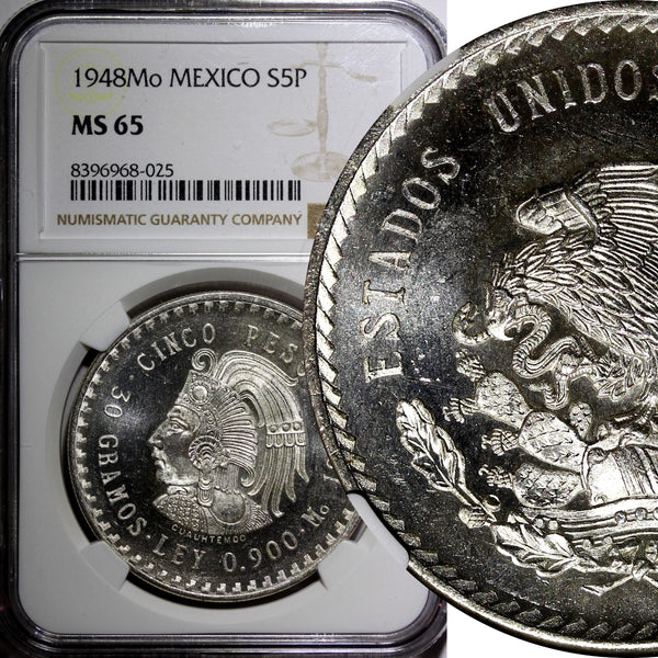 MEXICO Silver 1948 Mo 5 Pesos NGC MS65 Cuauhtemoc 40mm Mint Luster KM# 465 (025)