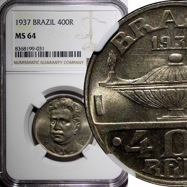BRAZIL Oswaldo Cruz Copper-Nickel 1937 400 Reis NGC MS64 KM# 539 (031)