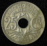 FRANCE Copper-Nickel 1922 25 Centimes No Dash KM# 867a  (28 577)