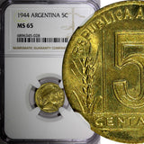 ARGENTINA Aluminum-Bronze 1944 5 Centavos NGC MS65 TOP GRADED KM# 40 (028)