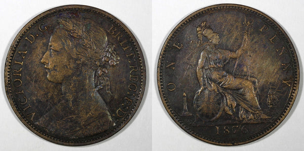 Great Britain Victoria Bronze 1876 H 1 Penny Heaton Mint KM# 755 (28 184)