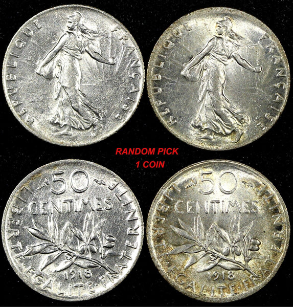 FRANCE Silver 1918 50 Centimes aUNC/UNC KM# 854 RANDOM PICK (1 Coin)  (24 702)