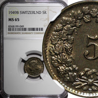 SWITZERLAND Copper-Nickel 1949 B 5 Rappen NGC MS65 HELVETICA KM# 26 (49)