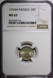 MEXICO Silver 1934 M 10 Centavos NGC MS65 GEM BU  Nice Toned KM# 431 (014)