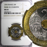 FRANCE Tri-Metallic 1994 20 Francs Pierre de Coubertin NGC MS65 TOP GRADE KME146
