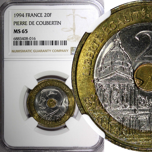 FRANCE Tri-Metallic 1994 20 Francs Pierre de Coubertin NGC MS65 TOP GRADE KME146